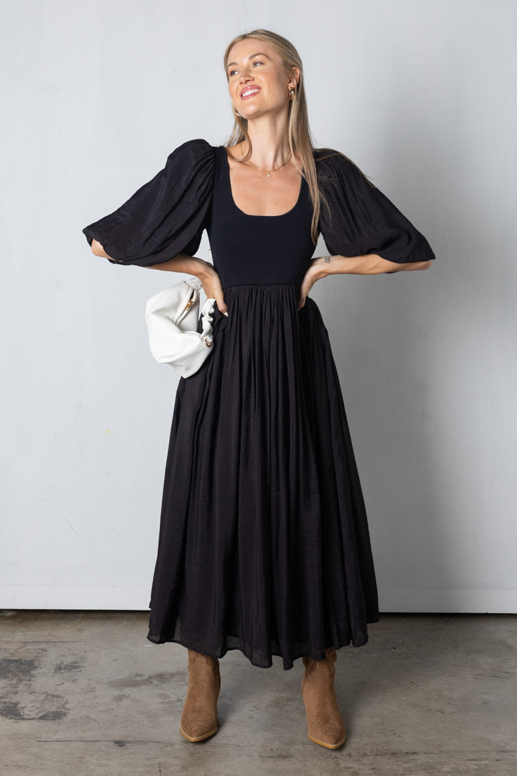 black balloon sleeve midi dress Black Cotton Puff Sleeve Midi Dress Ro&Zo