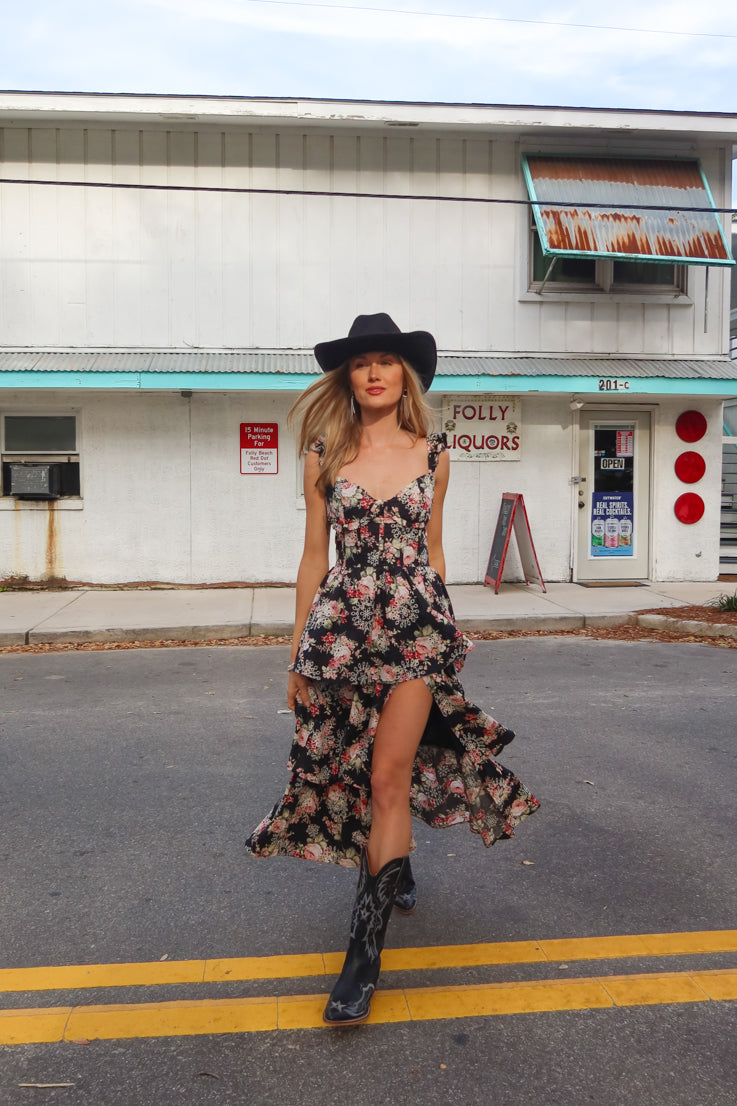 black dress with brown cowgirl boots Kassandra Midi Dress – Vestique