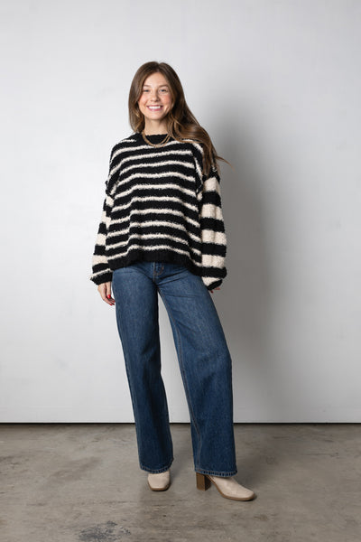 Striped Sweater and Wide-leg Jeans.