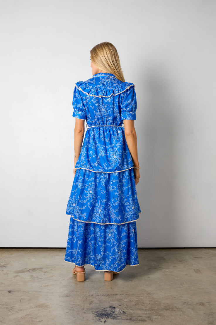 blue floral tiered skirt maxi dress