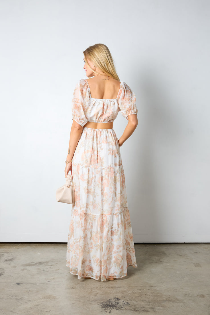 ivory floral maxi dress side cut outs