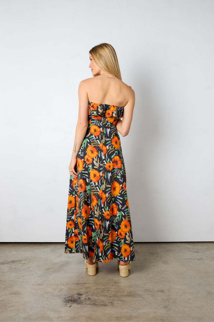 orange floral print strapless dress