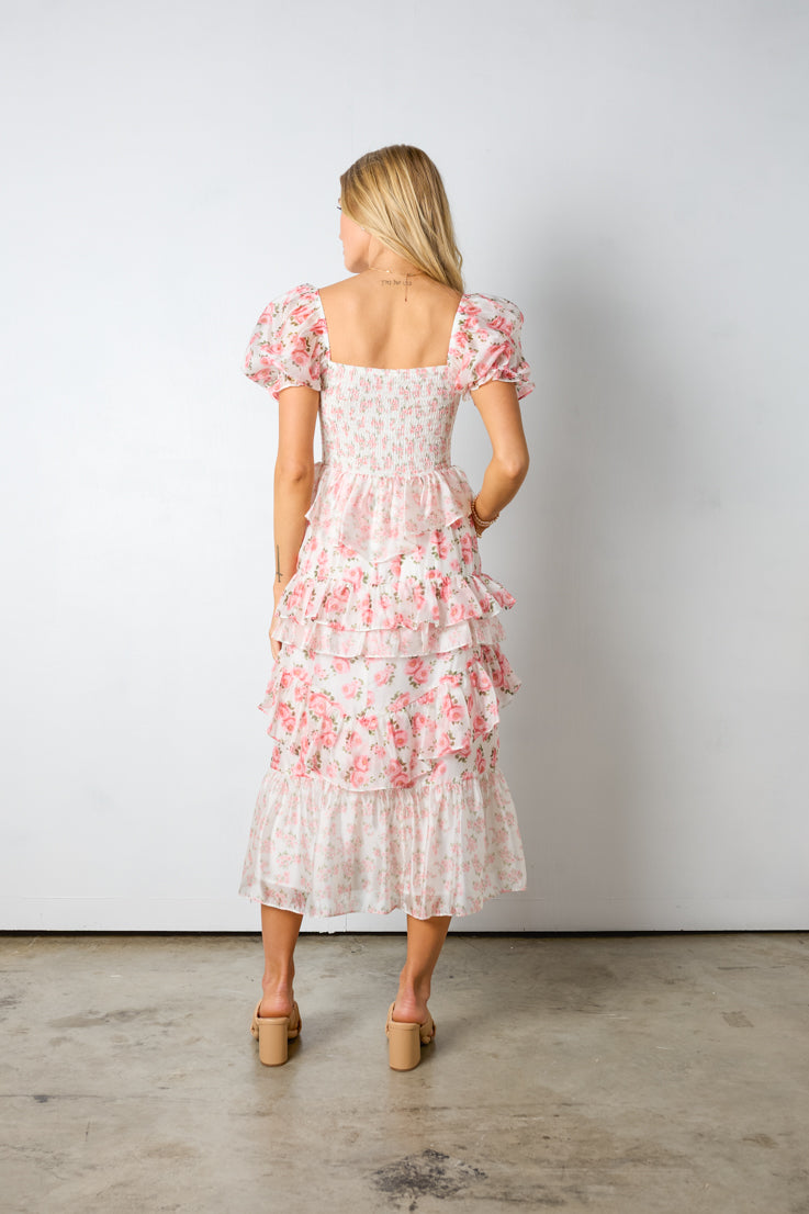 white and pink floral tiered midi dress