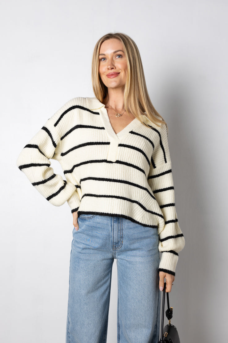white and black stripe sweater