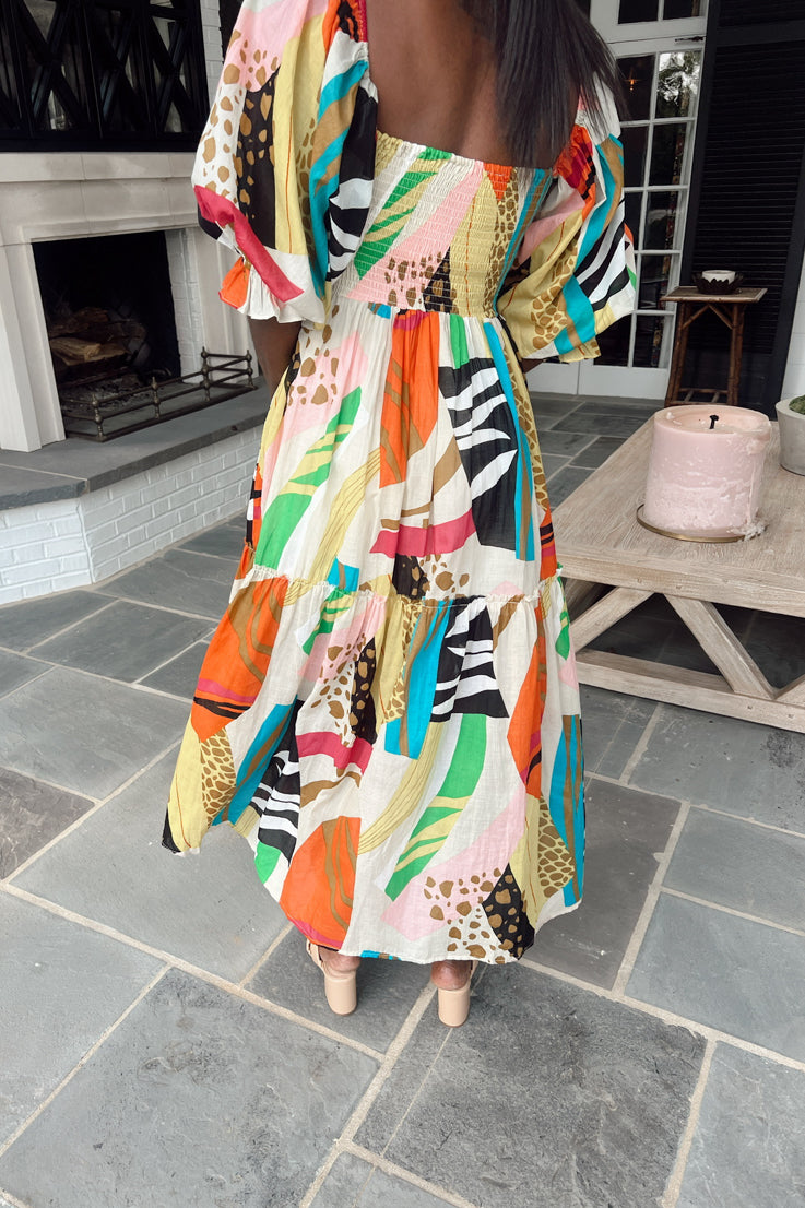 abstract multi-color print midi dress