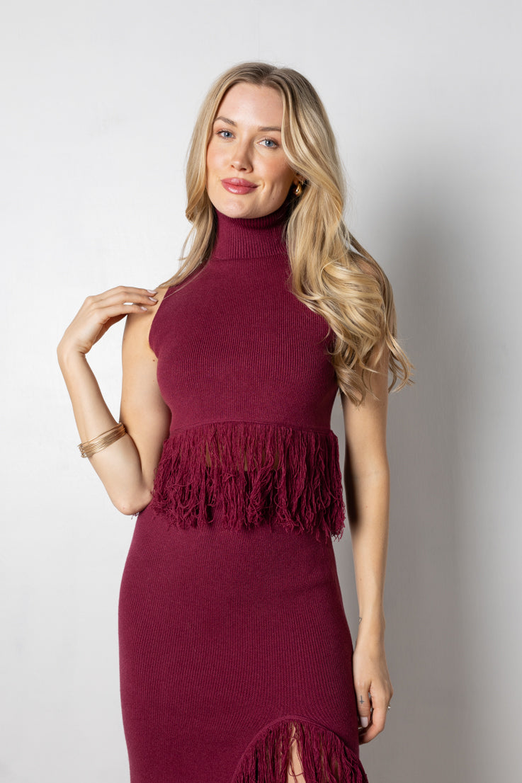 berry knit cropped top with fringe hem