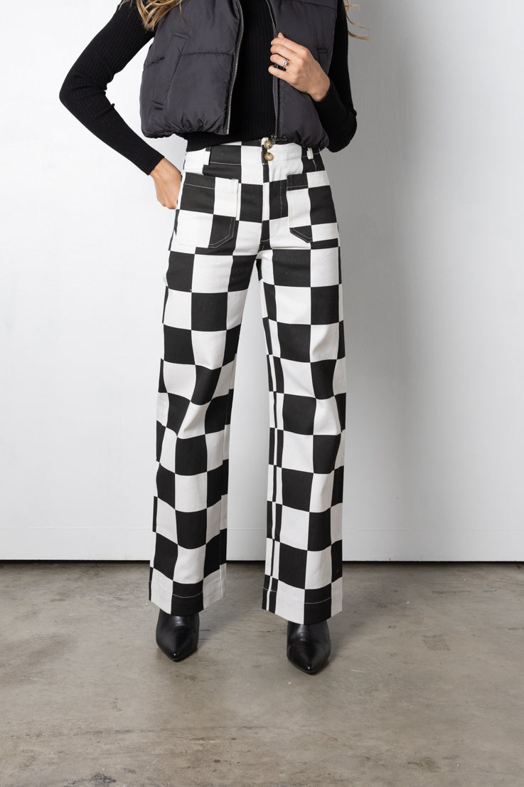black checkered print pants