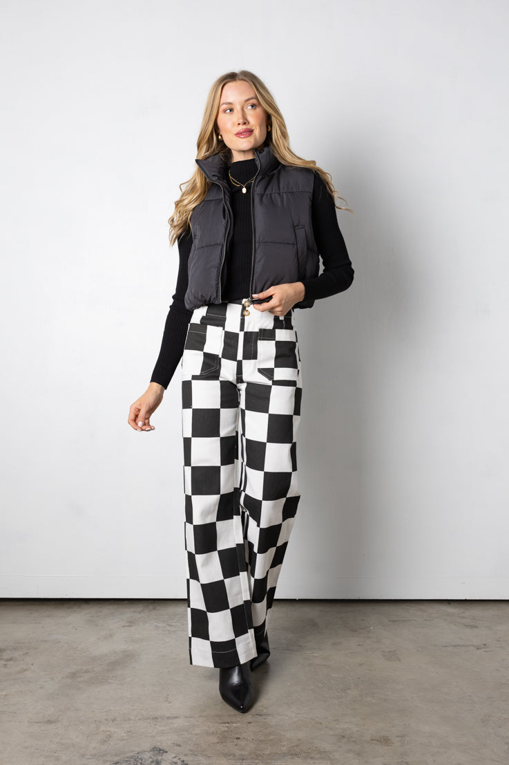 black checkered print pants