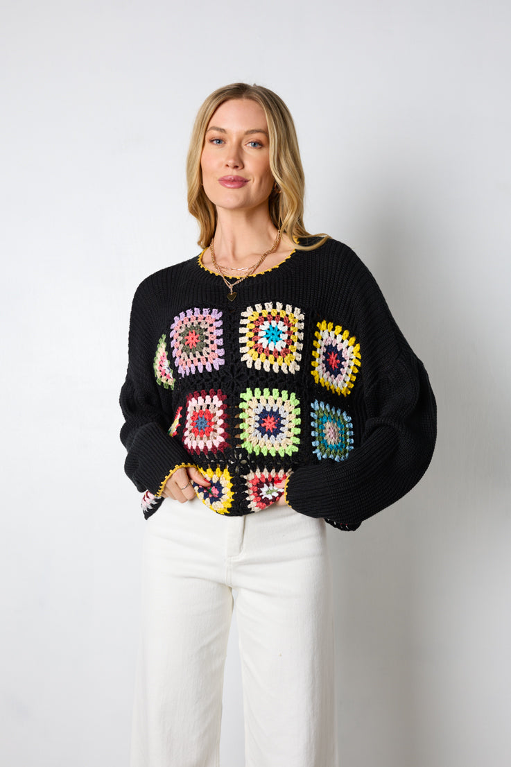 black crochet knit sweater