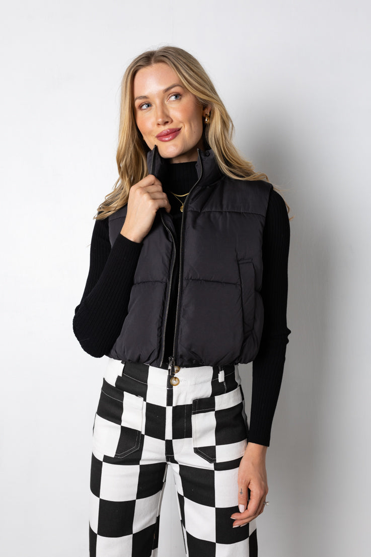 black cropped puffy vest