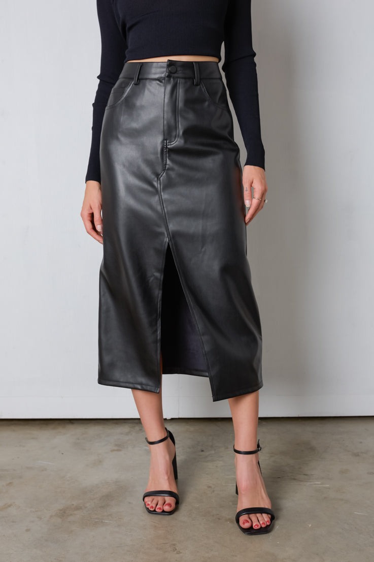 black faux leather midi skirt