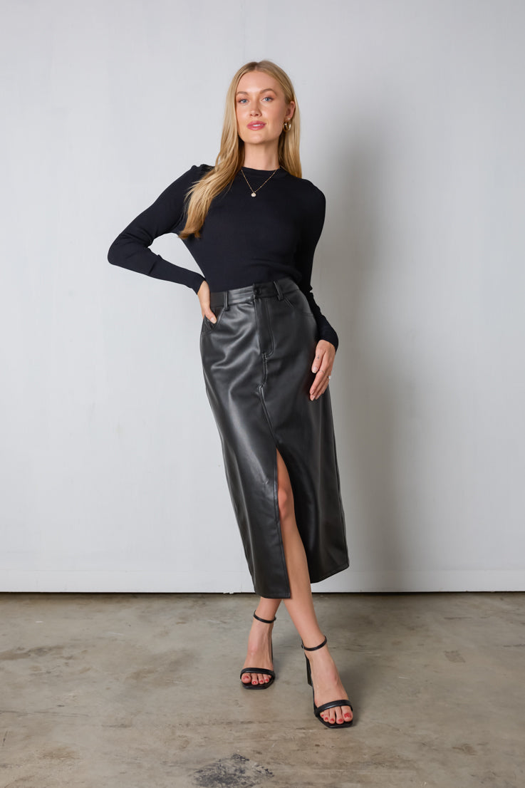 black faux leather midi skirt