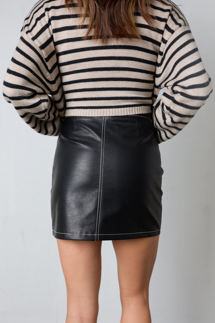 black faux leather white stitching mini skirt