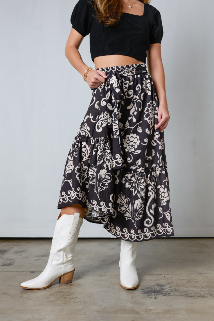 black floral midi skirt