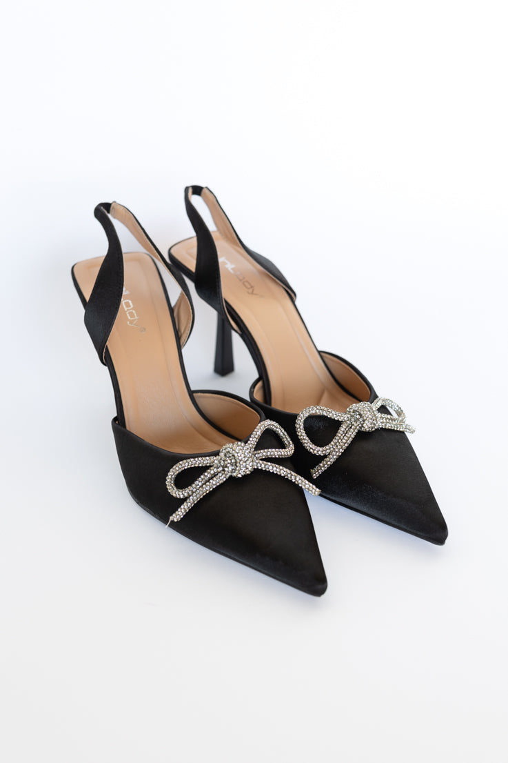 black heels rhinestone bow