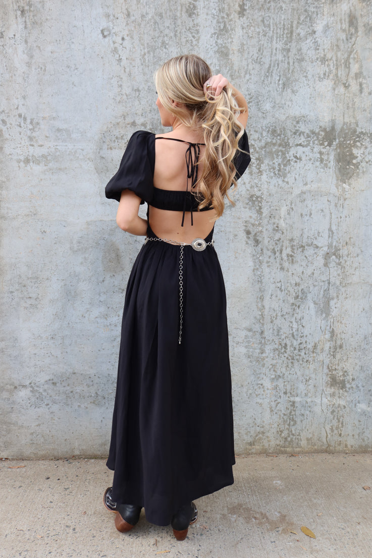 black maxi dress with smocking
