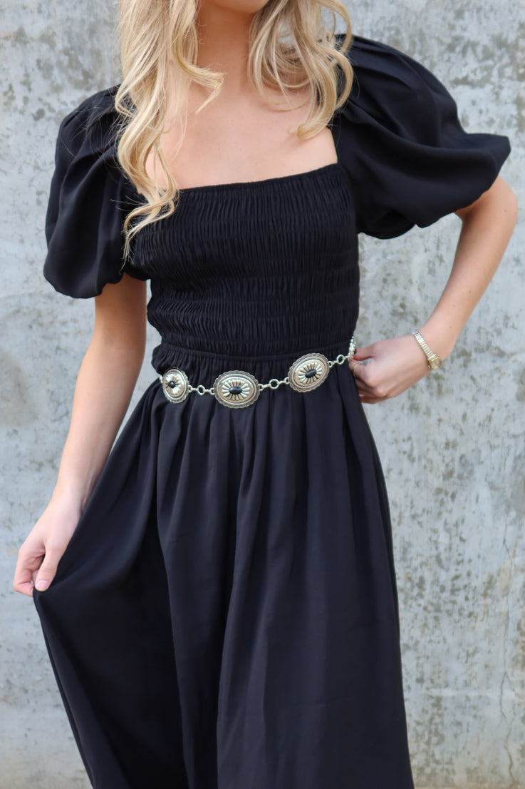 black maxi dress with smocking