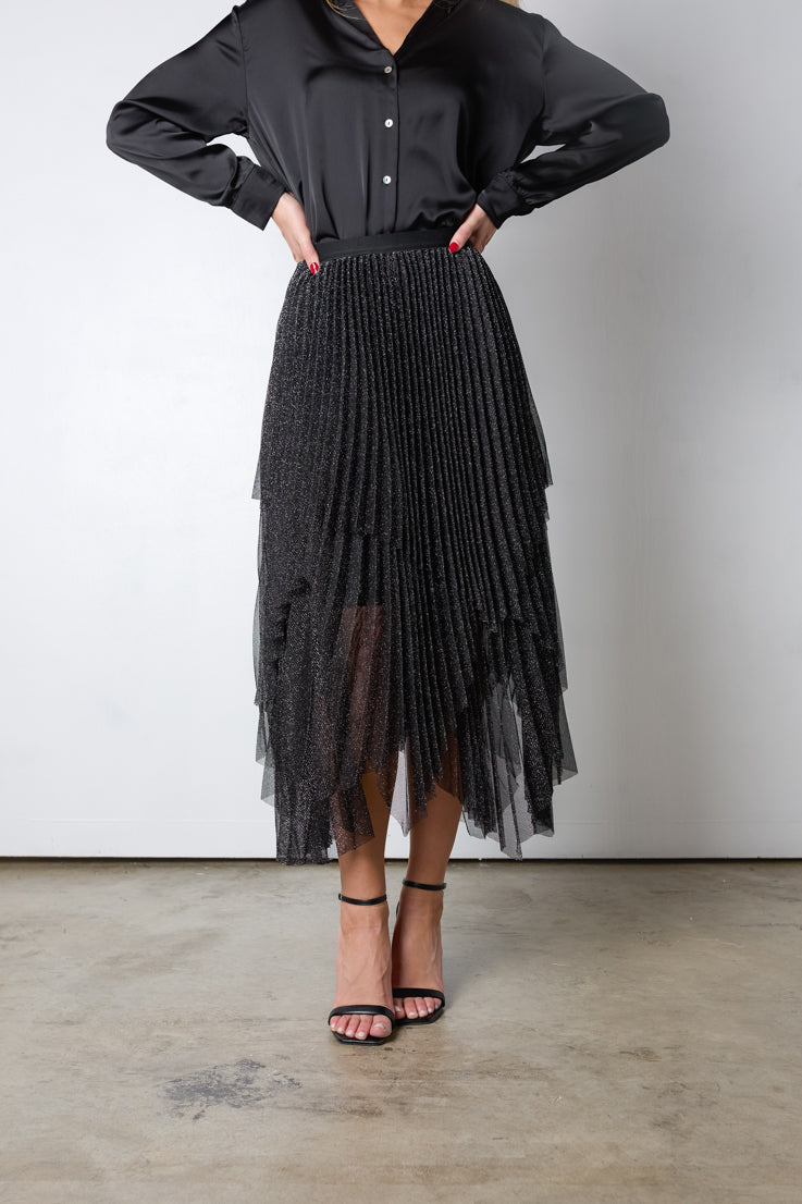 black pleated sparkly midi skirt