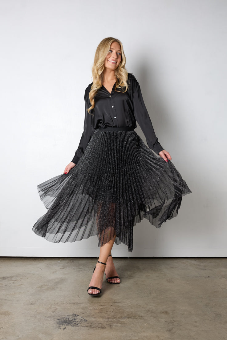 black pleated sparkly midi skirt