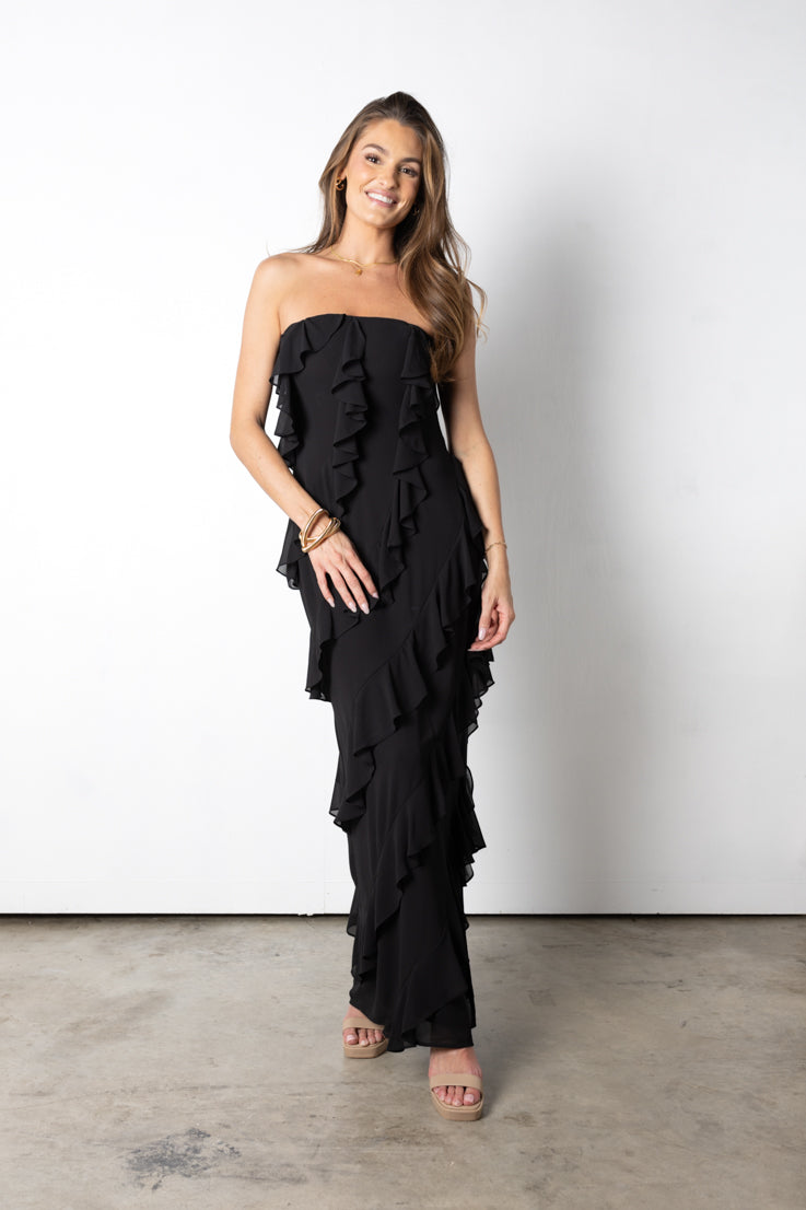 black strapless ruffle maxi dress 