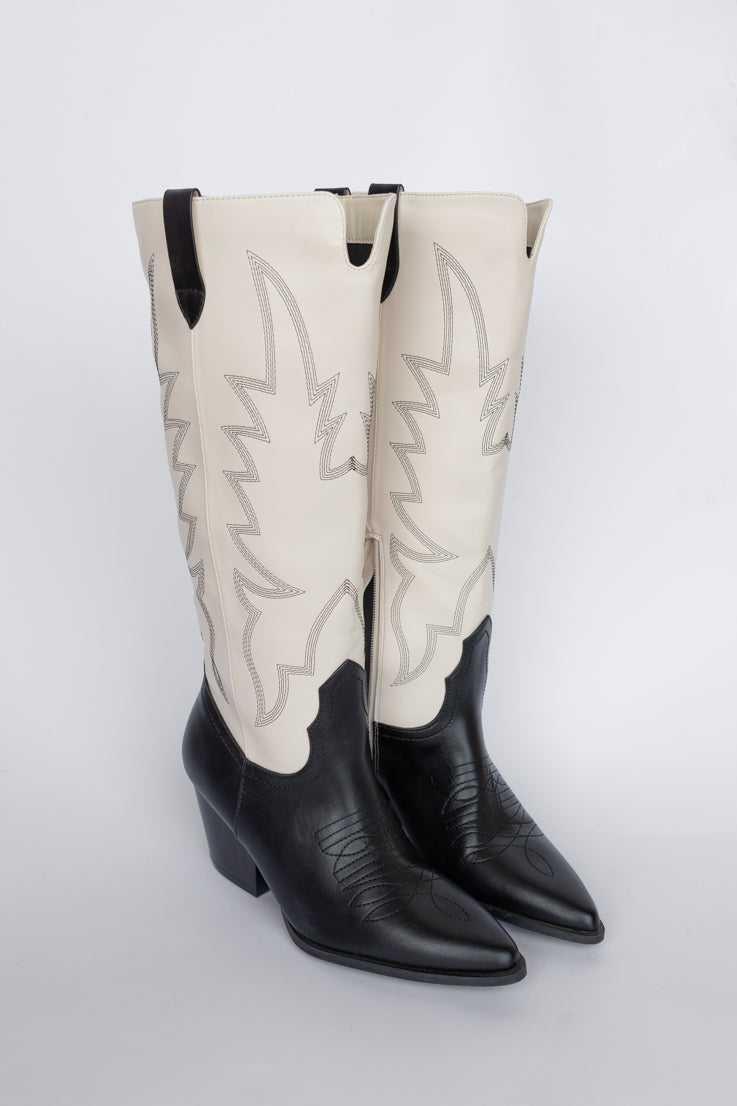 black and white colorblock cowgirl  boots