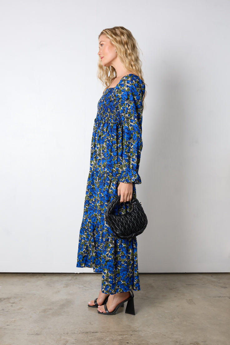 blue floral print maxi dress