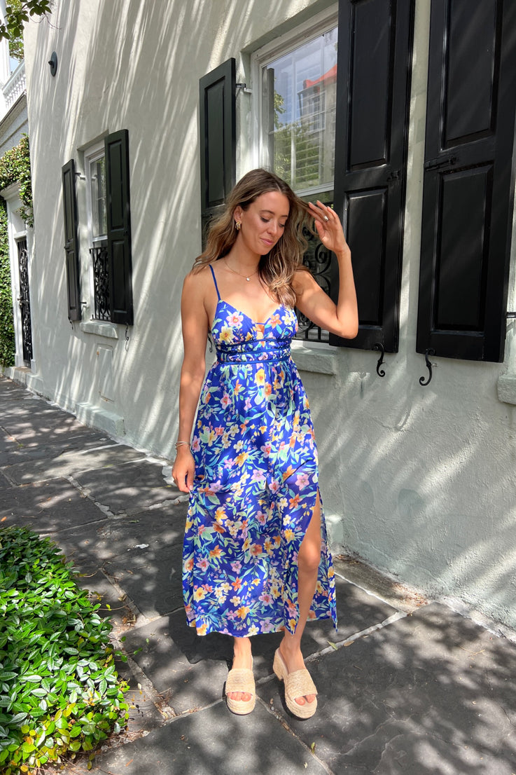 blue floral maxi dress open back