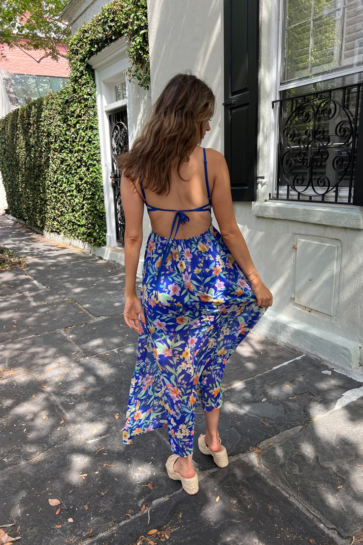 blue floral maxi dress open back