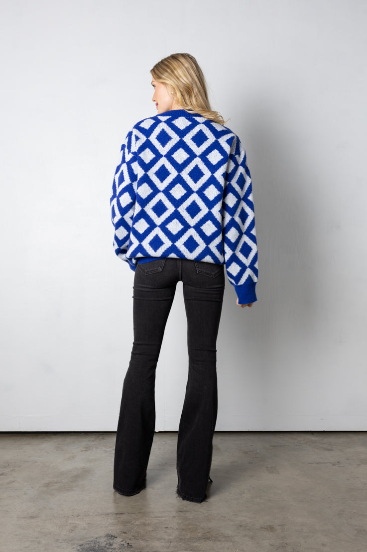 blue geometric pattern sweater