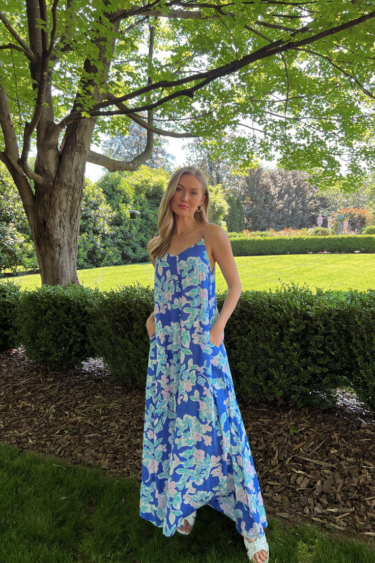 blue and pink floral maxi dress
