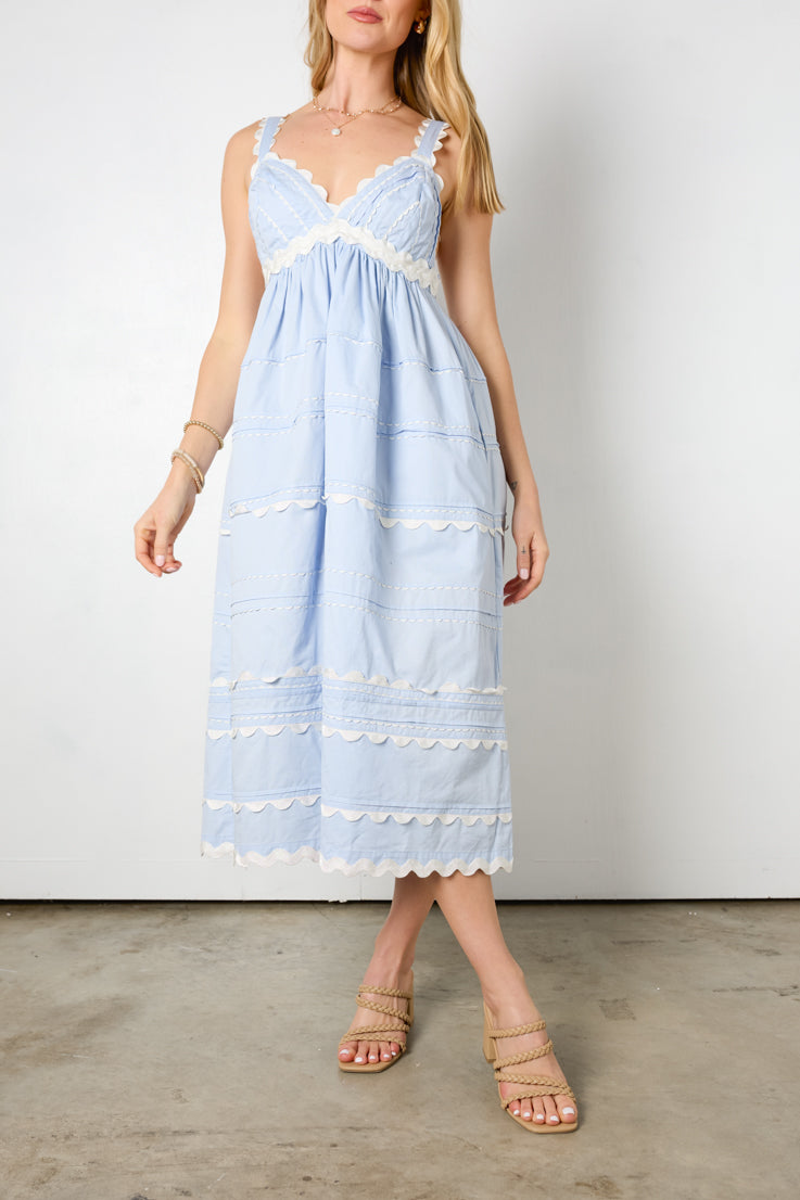 blue midi dress white contrast