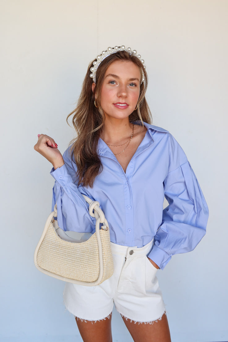 blue oversized button up top