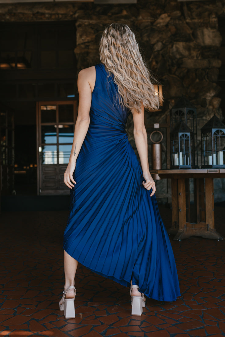 blue pleated midi dress