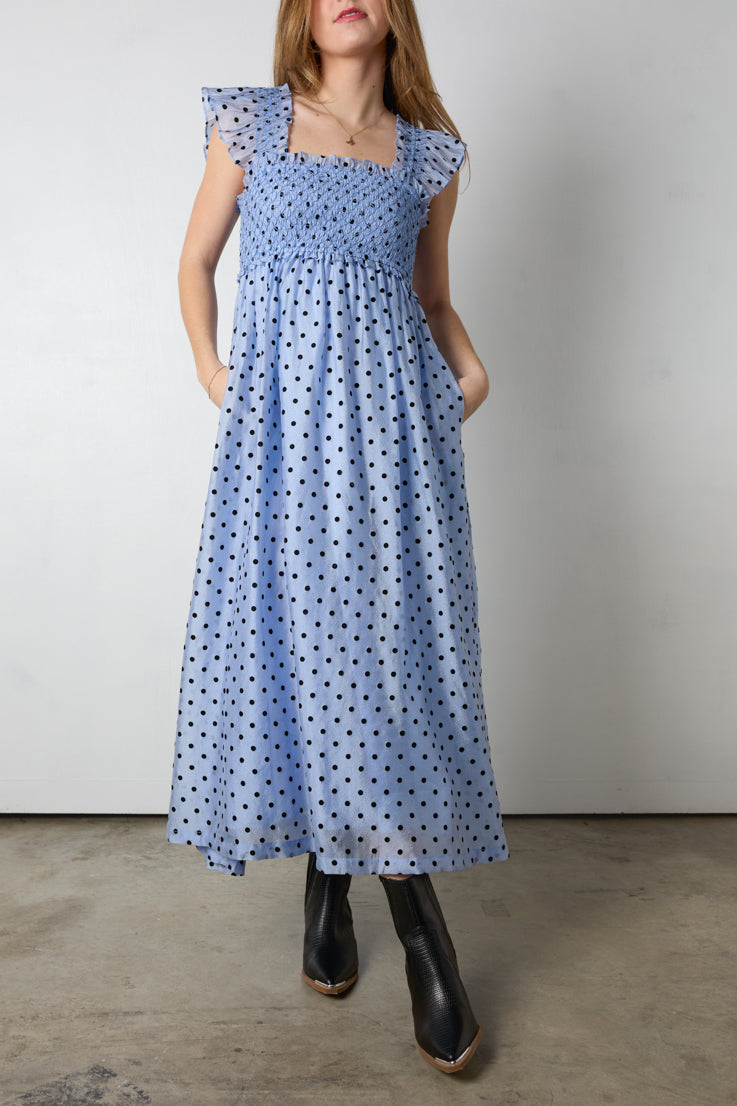 blue polka dot midi dress