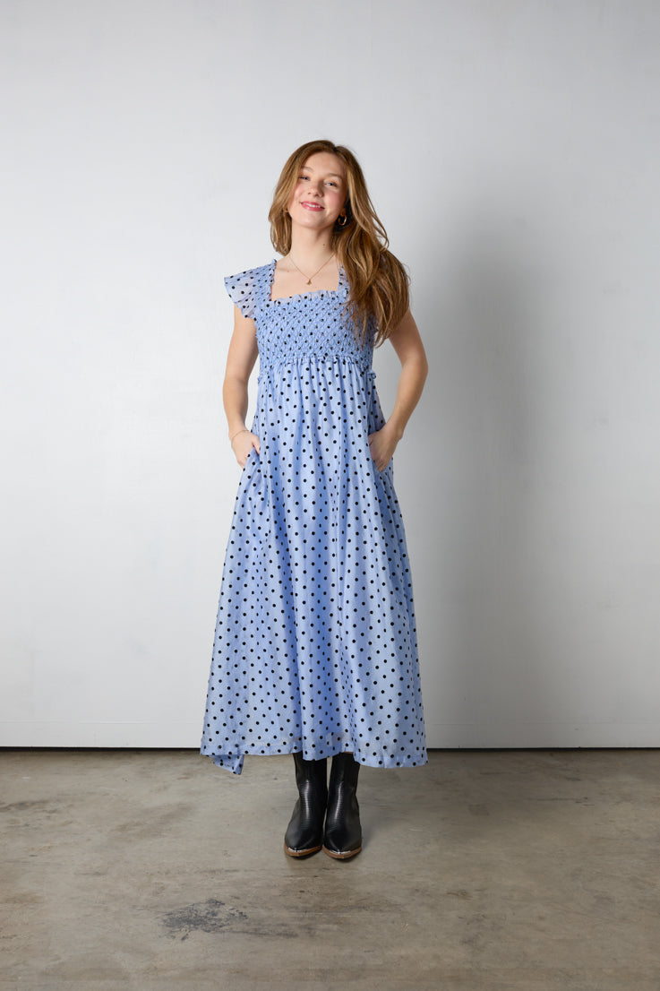 blue polka dot midi dress