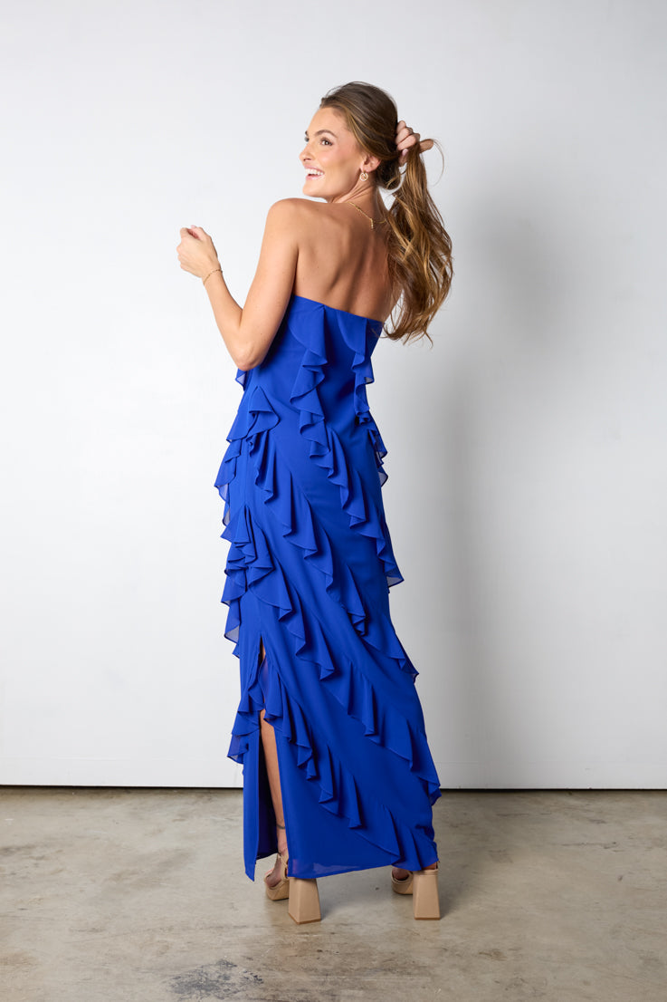 blue strapless ruffle maxi dress 