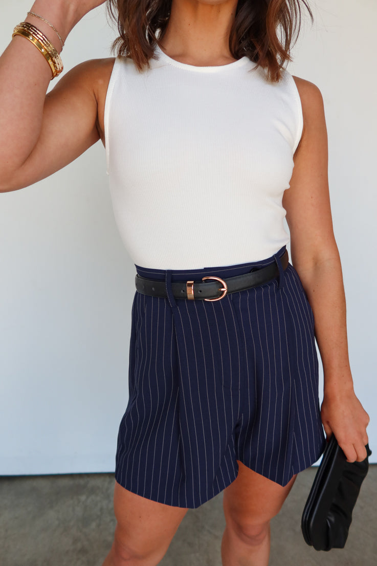navy blue pin stripe shorts