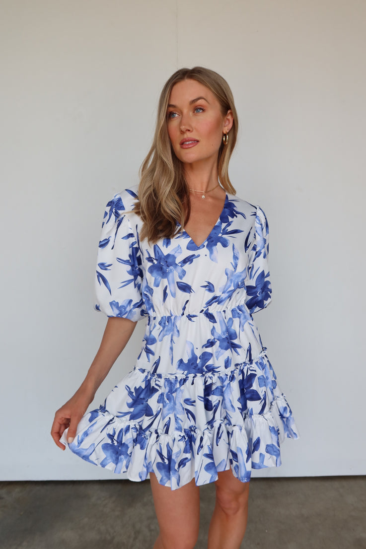 blue and white floral romper