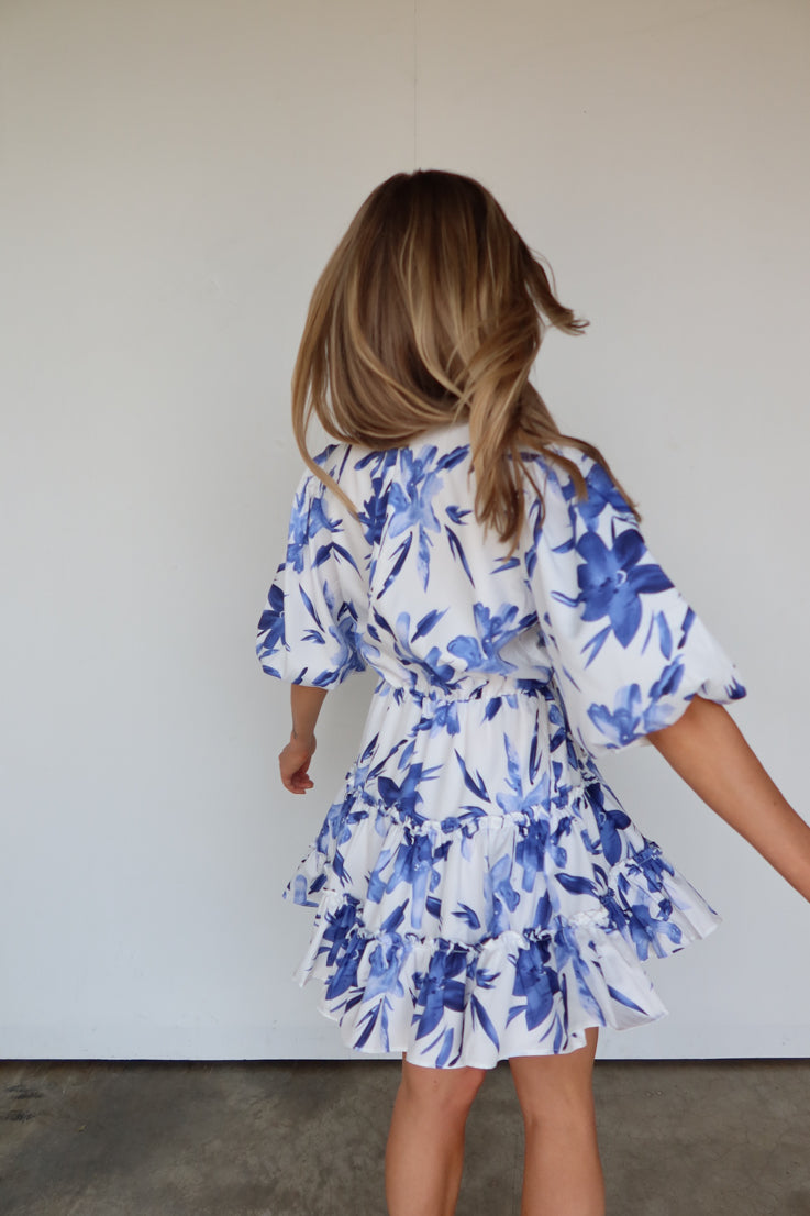 blue and white floral romper