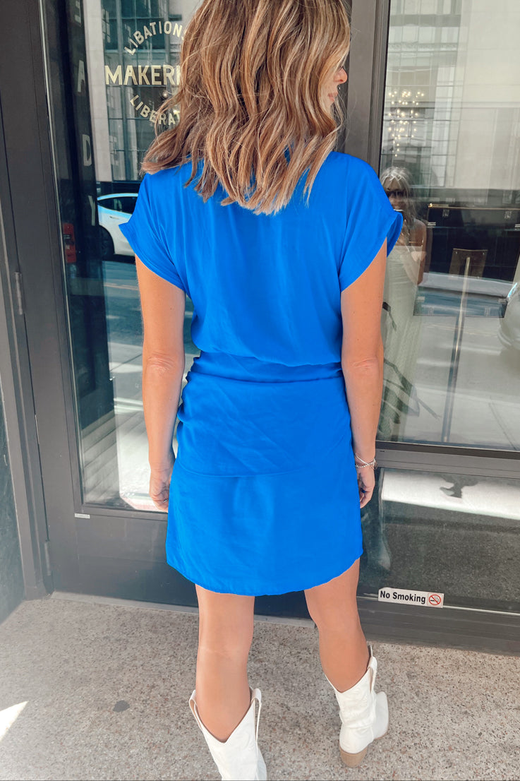 blue wrap mini dress