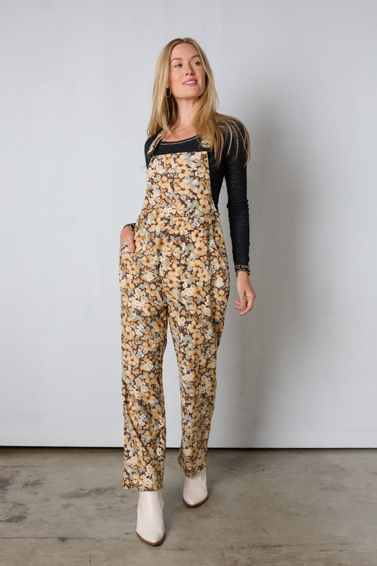 brown and yellow floral overalls