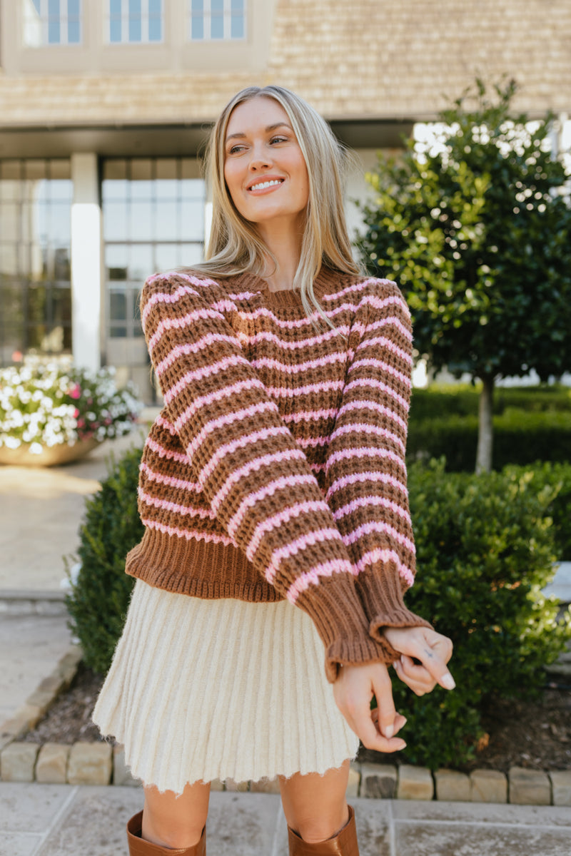 brown pink striped sweater