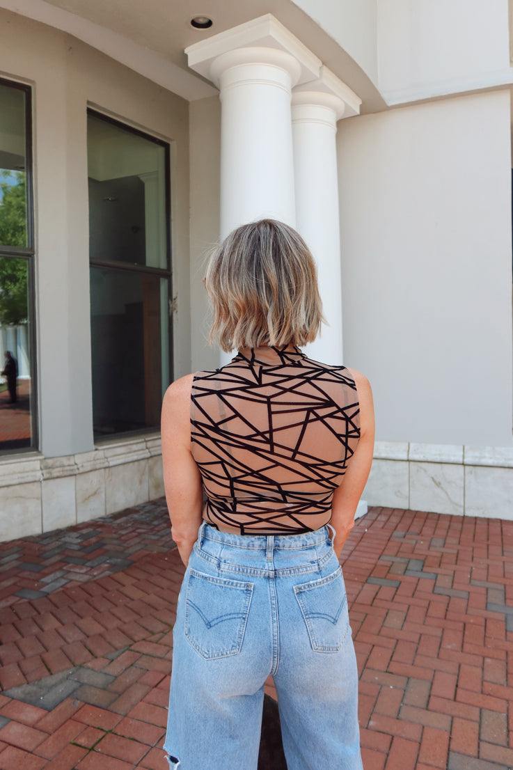 brown mesh bodysuit with black lines