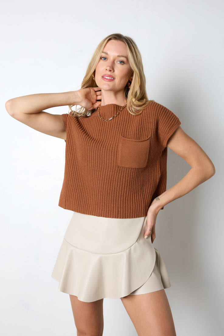brown short sleeve knit sweater