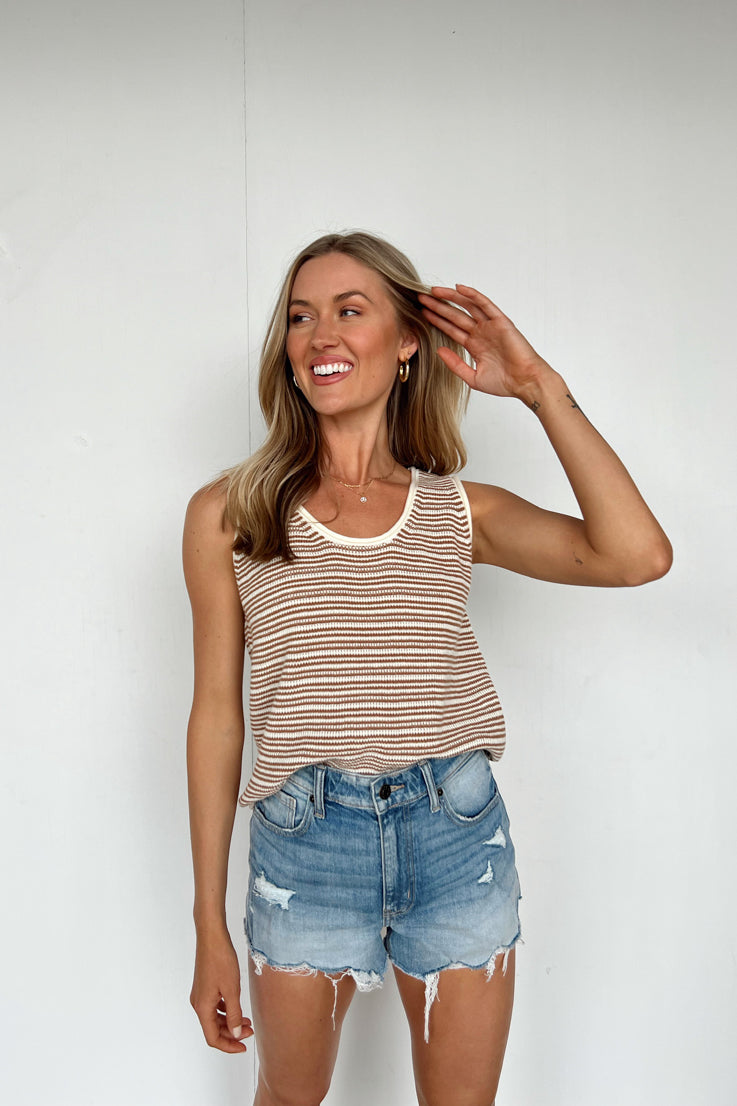 brown and white stripe top