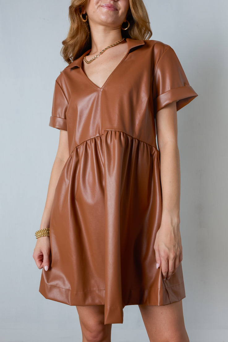 camel faux leather mini dress