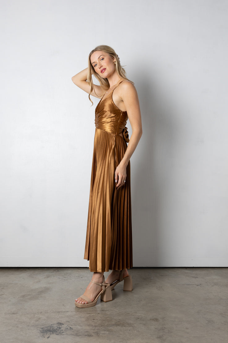 camel/gold pleated midi dress