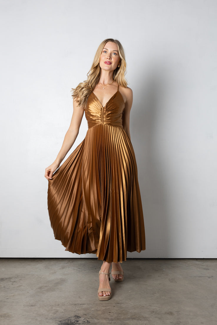 camel/gold pleated midi dress
