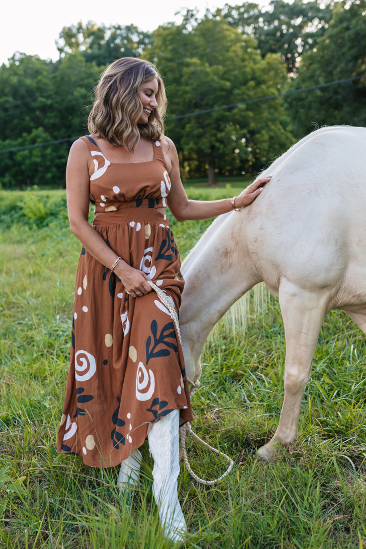 camel printed maxi dress