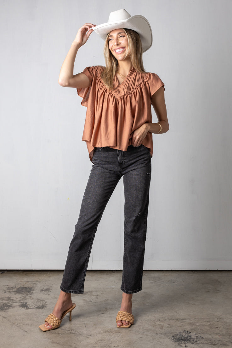 clay v neck pleated top